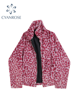 Parka damska zimowa ocieplana, różowy wzór leopard, jagnięca wełna, kurtka zapinana na zamki, casual, koreańska moda, luźne i ciepłe, pluszowy płaszcz 2021