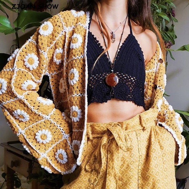 Rozpinany sweter BOHO Plaid Flower z długim rękawem i jednorzędowymi guzikami dla kobiet vintage z dekoltem w serek, szydełkowany ręcznie w 2021 roku - tanie ubrania i akcesoria