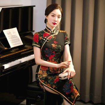 Długa czarna sukienka Qi Pao Mudan Hua Cheongsam w stylu etnicznym z jedwabiu - poprawiona wersja 8 Pankou