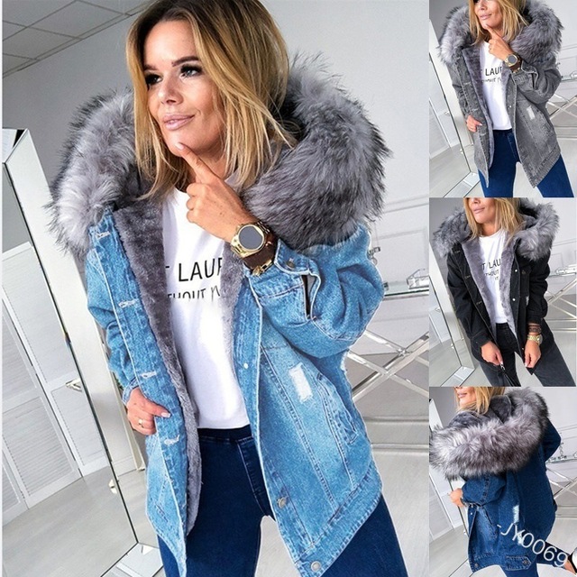 Kurtka jeansowa zimowa z dużym futrzem i długim kołnierzem dla kobiet, vintage gruba powłoka, ciepła - 2021 - tanie ubrania i akcesoria