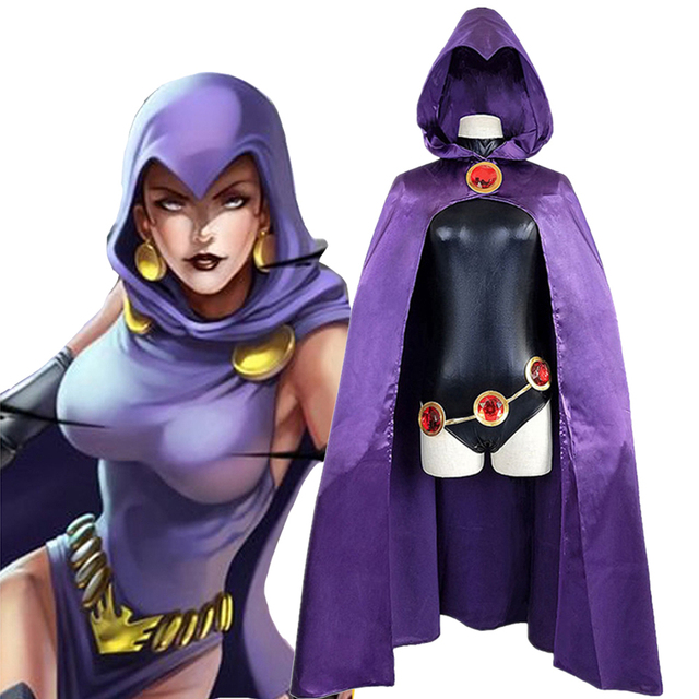 Kostium na Halloween Raven z Teen Titans - czarne body, fioletowy płaszcz z kapturem - tanie ubrania i akcesoria