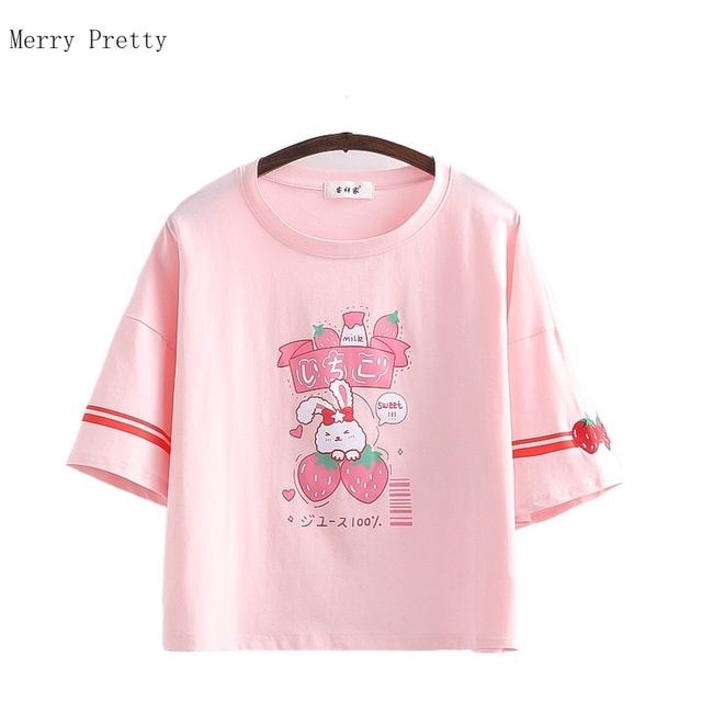Różowa krótka bluzka damska z wydrukiem królika w stylu Harajuku, truskawkowe motywy, krótki rękaw, dekolt okrągły O-neck, słodki i uroczy, wykonana z bawełny (2021 lato) - tanie ubrania i akcesoria