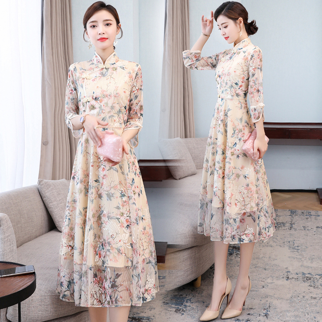 Nowa letnia sukienka z ćwierć rękawem w chińskim stylu - Retro nadruk qipao - wysoka jakość sukienki - tanie ubrania i akcesoria