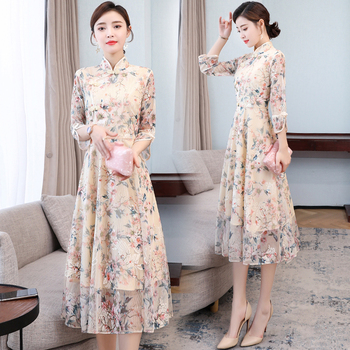 Nowa letnia sukienka z ćwierć rękawem w chińskim stylu - Retro nadruk qipao - wysoka jakość sukienki