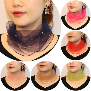 Szkotki Z miękkiego perłowego szyfonu - luksusowy elastyczny szalik siatkowy z imitacją kołnierzyka damski dla kobiet na lato z pałąkiem na głowę