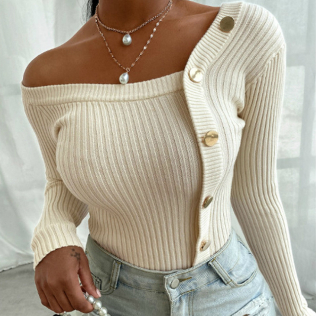 Elegancka damska bluzka off shoulder z długim rękawem - jednolity, guziki, slim fit - tanie ubrania i akcesoria