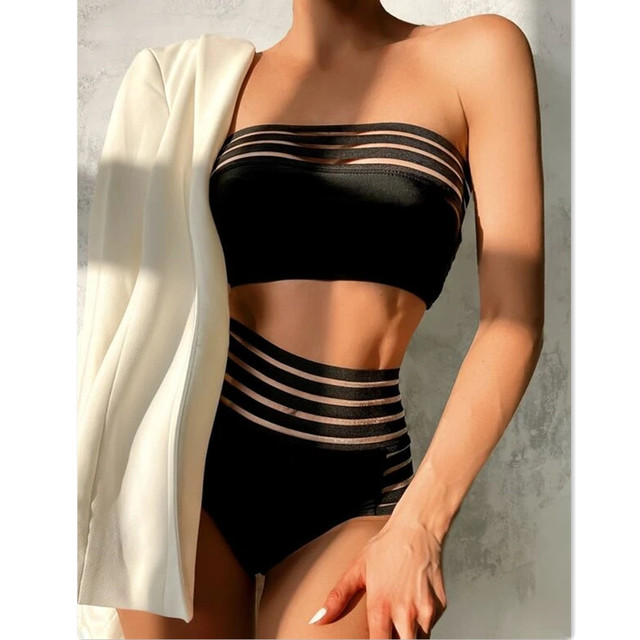 Bikini 2021 New Arrival - Damski strój kąpielowy z siateczką, odsłonięte ramiona, seksowny brazylijski bandeau, wysoki stan - tanie ubrania i akcesoria