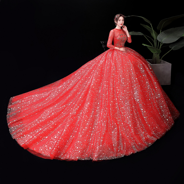 Suknia ślubna Custom Made Robe De Mariee - czerwone ślubne suknie z wzorem gwiazdy, okrągły dekolt i rękaw 3/4 - tanie ubrania i akcesoria