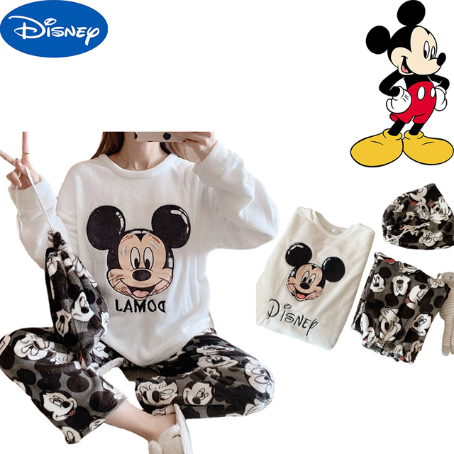 Piżama damska Disney Mickey Mouse z długimi rękawami - zimowa, gruba flanela, Cartoon - nocna bielizna, ciepła dziewczyna - tanie ubrania i akcesoria