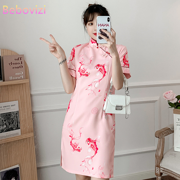 Nowoczesna różowa sukienka qipao dla kobiet - plus rozmiar M-4XL, stylowy krój na lato z krótkim rękawem
