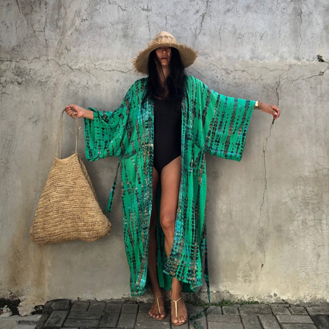 Nowa seksowna narzutka Boho Print prała długa Kimono - bluzka Cover-up lato plaża - tanie ubrania i akcesoria