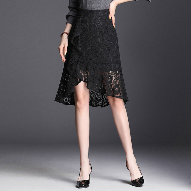 Spódnica syrenka z czarnej koronki dla kobiet o zwężonym kroju i nieregularnym fasonie w stylu koreańskim (3XL) - tanie ubrania i akcesoria