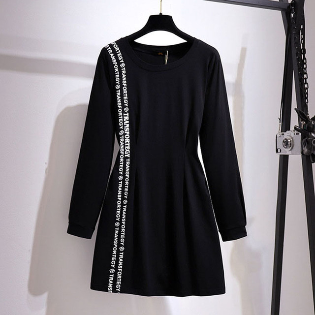 Sukienka damska jesień plus size długim rękawem czarna rozmiar 5XL-9XL na luźną, bawełnianą sylwetkę z listującymi detalami talii, biustu 153cm - tanie ubrania i akcesoria