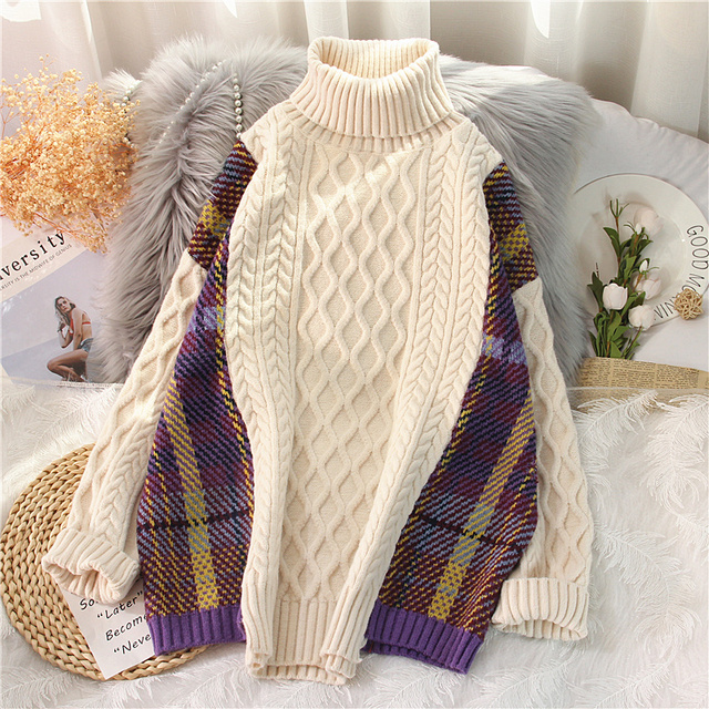 Damski sweter z golfem - EBAIHUI, Twist wzór, plaid, koreański styl, zagęszczony, zimowa moda - tanie ubrania i akcesoria