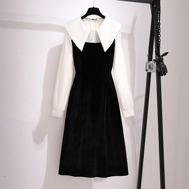 Sukienka damskiego jesieni plus-size z kokardą, długimi rękawami i luźnym, jednolitym kołnierzykiem - rozmiar 5XL-9XL (biust 150cm, waga 150kg+) - tanie ubrania i akcesoria