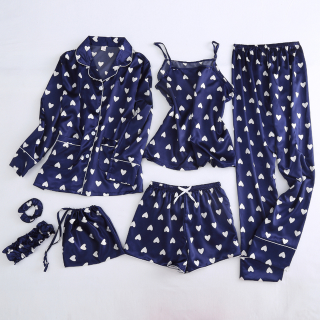 Zestaw jedwabnych piżam dla kobiet - 7 sztuk, drukowane wzory, różne długości rękawów i spodni, elastyczna gumka w pasie, idealna na lato i jesień - tanie ubrania i akcesoria