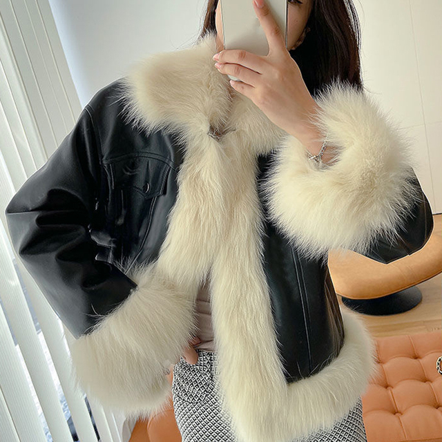 Kobieca kurtka z sztucznym futrem lisa, koreański styl, jesienna zima, skórzany płaszcz, patchwork, elegancki, krótka - tanie ubrania i akcesoria