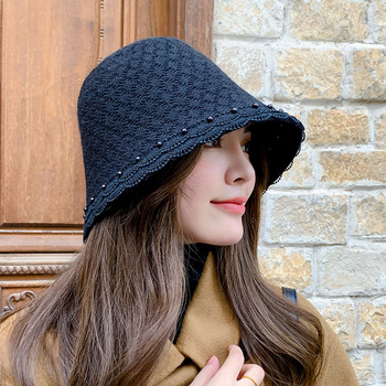 Elegancki kapelusz typu Bucket Casual z dzianiny - Jesienno-zimowa perła ciepłych kapeluszy wiadro rybak czapka Vintage dla kobiet