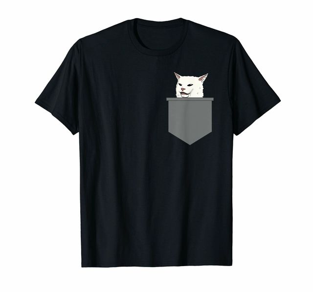Koszulka męska z nadrukiem Wściekłe kobiety krzyczą na zdezorientowanego kota na bawełnianym T-shircie O-neck - tanie ubrania i akcesoria