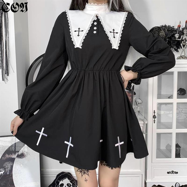 Lolita - sukienka kobieca z ciemnym czarnym krzyżem, długim rękawem i kołnierzem w stylu college, wiosna/jesień, mini (Suknie) - tanie ubrania i akcesoria