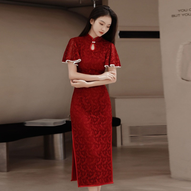 Suknia Qipao z koronkowymi elementami - nowoczesny, orientalny design na wesele w stylu chińskim 2022 - tanie ubrania i akcesoria