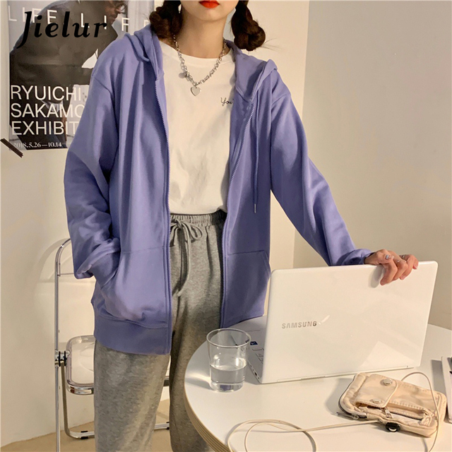 Jielur Pure Color bluza z kapturem damska czerwono-fioletowa 2021, casual, moda jesień, rozpinana, rozmiary M-XL - tanie ubrania i akcesoria