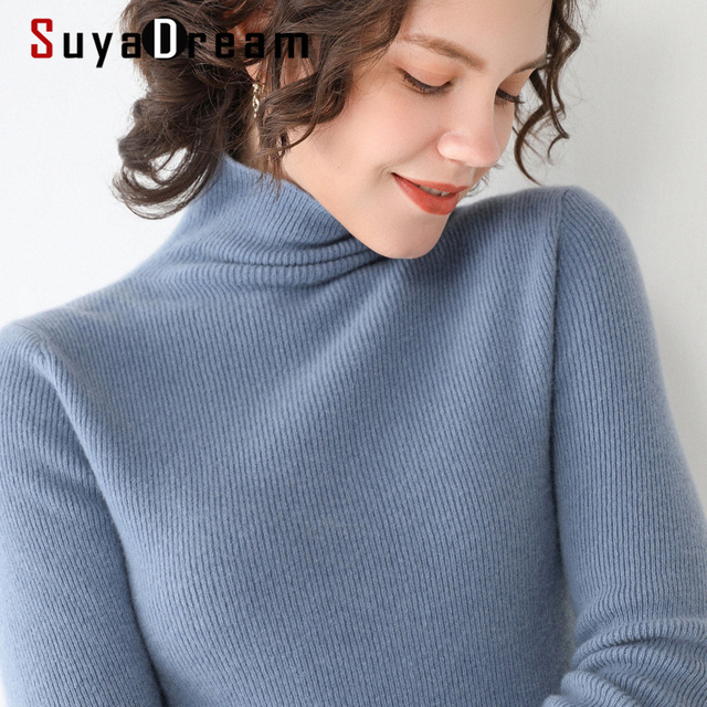 Sweter damski SuyaDream zimowy 100% wełna golf żebra 2021 jesień zima rozciągnięty Basic - tanie ubrania i akcesoria