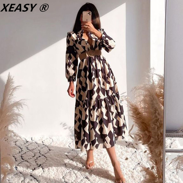 Elegancka damska sukienka Vintage Midi z geometrycznym nadrukiem i potarganym wykończeniem na guziki - XEASY 2021 Vestidos - tanie ubrania i akcesoria