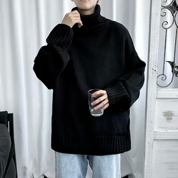 Czarny sweter męski zimowy z golfem w jednolitym kolorze, ponadgabarytowy - moda męska 2021, koreański styl
