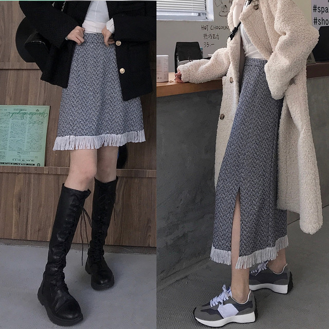 Koreańska spódnica damska w jodełkę z frędzlami (krótka i długa) 2020 HOT - tanie ubrania i akcesoria