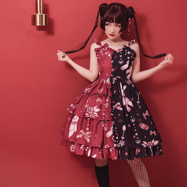 Gotycka japońska sukienka lolita w stylu wiktoriańskim dwukolorowa patchwork z kokardkami i kawaii printem - suknie - tanie ubrania i akcesoria