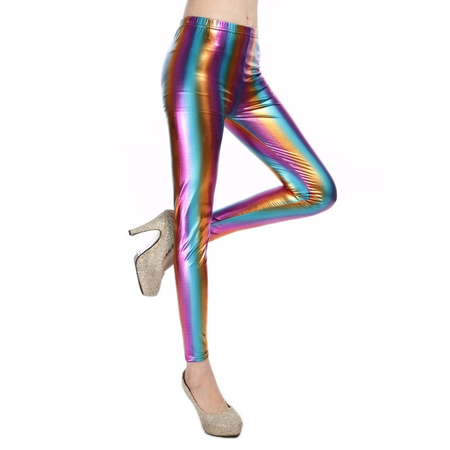 Seksowne spodnie damskie Lenggings elastyczne PVC lateksowe Plus Size, kolor tęczowy - tanie ubrania i akcesoria