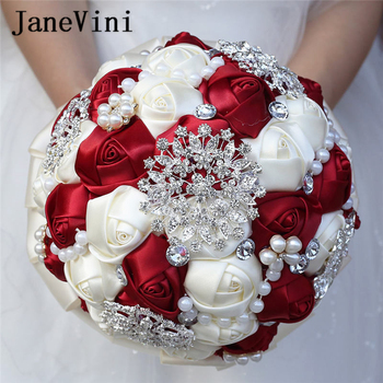 Eleganckie bukiety ślubne z kwiatów sztucznych JaneVini z kryształowym perłowym uchwytem i dodatkiem koronki