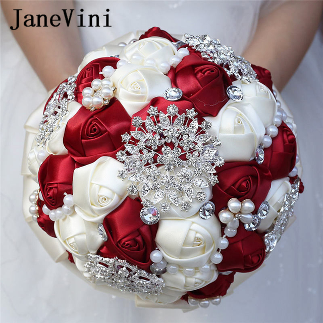 Eleganckie bukiety ślubne z kwiatów sztucznych JaneVini z kryształowym perłowym uchwytem i dodatkiem koronki - tanie ubrania i akcesoria