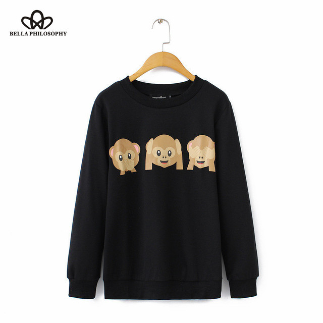 Sweter z kapturem w kolorach szarym, białym i czarnym z nadrukiem małpy - dostępny w rozmiarach S-XL (2015 jesienno-zimowa kolekcja) - tanie ubrania i akcesoria