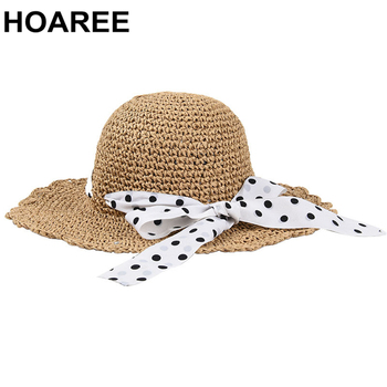 Kapelusz przeciwsłoneczny słomkowy HOAREE dla kobiet - składany, szeroki, z elegancką kokardą - damski vintage, piękny styl casual - czapka plażowa