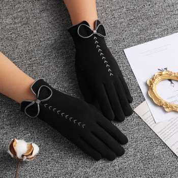 Damskie eleganckie rękawiczki zimowe z kaszmiru i haftem, z cienkimi kokardkami oraz aksamitnymi rękawiczkami dotykowymi L25L