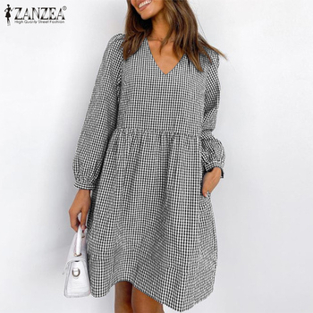 ZANZEA Sukienka w stylu vintage w kratę, z długim rękawem, wiosenna, do kolan, z dekoltem V, dla kobiet - Vestidos Robe Femme