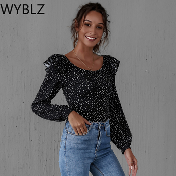 Bluzka WYBLZ dla kobiet, długi rękaw, wzór Polka Dot, o-neck, szczupła sylwetka, streetwear, blusas casual