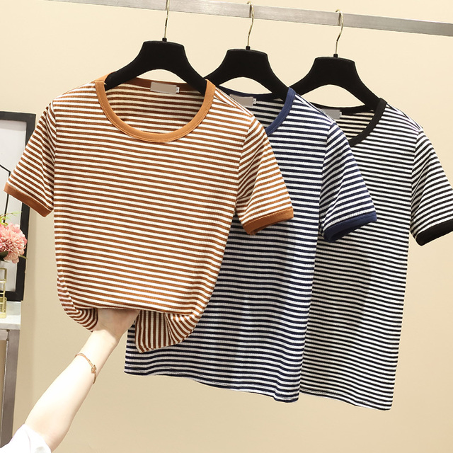 Koszula damska z krótkim rękawem w paski - lato 2021 - koreański styl - luźny fason - okrągły dekolt - tanie ubrania i akcesoria