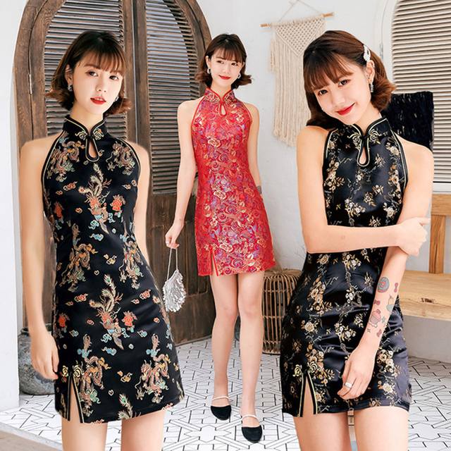 Ulepszona sukienka qipao z odsłoniętymi ramionami klub nocny styl chińskiej mody tradycyjnej - tanie ubrania i akcesoria