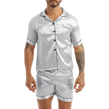 Jedwabista piżama męska - satynowa jednokolorowa koszulka z krótkim rękawem i szorty bokserki