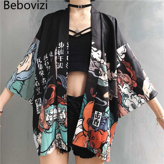 Japoński kimono yukata męski/damski Bebovizi w stylu czarnym z cardiganem haori i pasem obi, idealny na lato i do cosplayu, bluzka koszulowa, szlafrok, odzież azjatycka - tanie ubrania i akcesoria