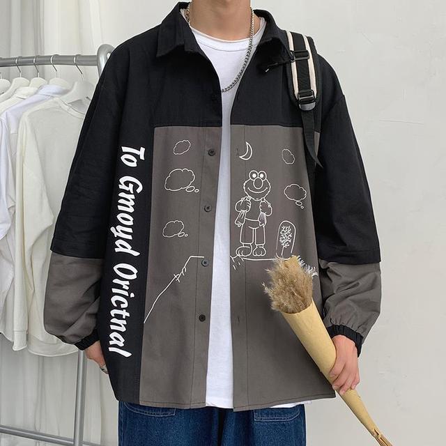 Koszula męska patchwork z długim rękawem, casual i luźna, w stylu hip-hop, Harajuku, punk i uliczny - tanie ubrania i akcesoria