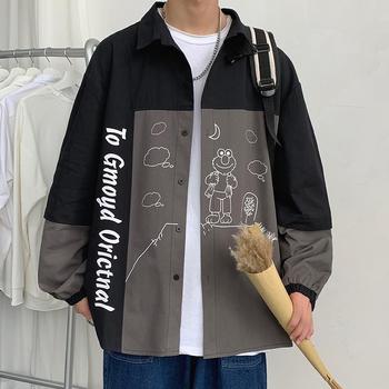 Koszula męska patchwork z długim rękawem, casual i luźna, w stylu hip-hop, Harajuku, punk i uliczny