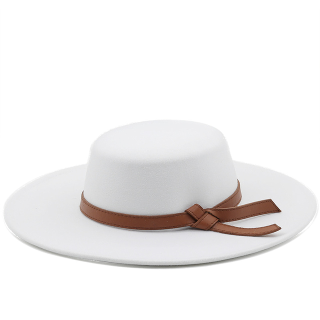 Kapelusz Panama dla kobiet - rondo prosty Derby, szerokość 9.5CM, stałe czuł kapelusz Fedoras z kokardą - tanie ubrania i akcesoria