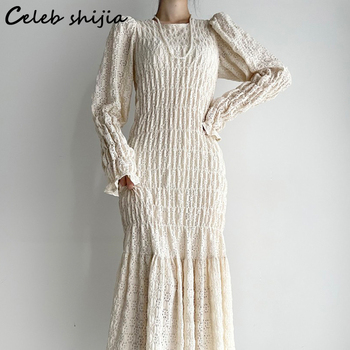 Vintage Maxi sukienka w stylu Falbanki - elegancka sukienka Bodycon z wąską talią, O-neck, Flare rękawem - drążą koreański moda Chic