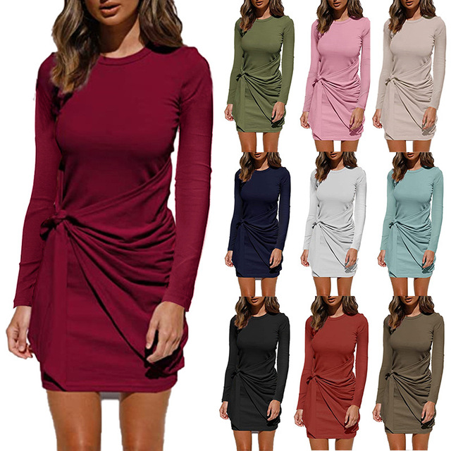 Długa sukienka na co dzień, z długim rękawem, wiązana, wykonana z bawełny - kolekcja 2022 dla kobiet w jesienno-zimowym stylu - tanie ubrania i akcesoria