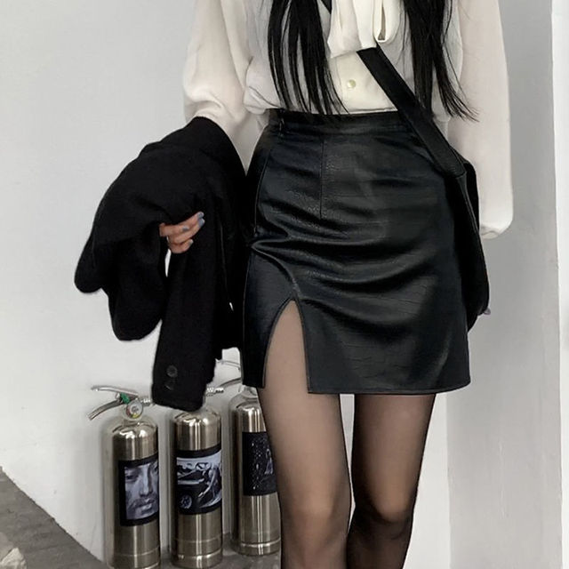 Punkowa spódnica skórzana dla kobiet HOUZHOU - czarny, seksowny, wysoka talia, linia zwężająca, krótka, jesienna, w stylu koreańskim Harajuku Streetwear - tanie ubrania i akcesoria