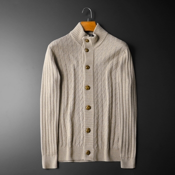 Męski sweter w jednolitym kolorze z golfem Minglu - jesienno-zimowa kolekcja, slim fit, rozpinany